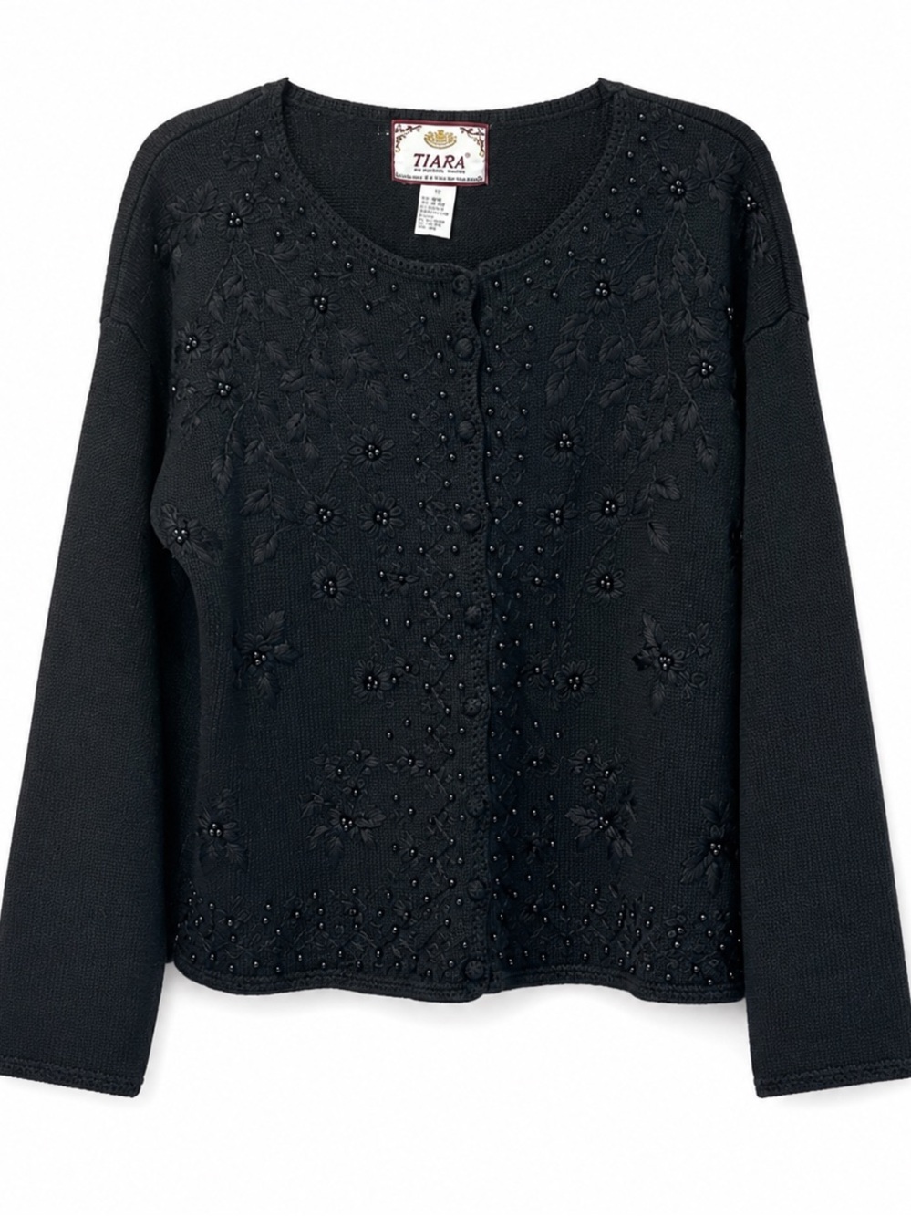 Tiara International Vintage Black Beaded Cardigan Sweater Embroidered Medium